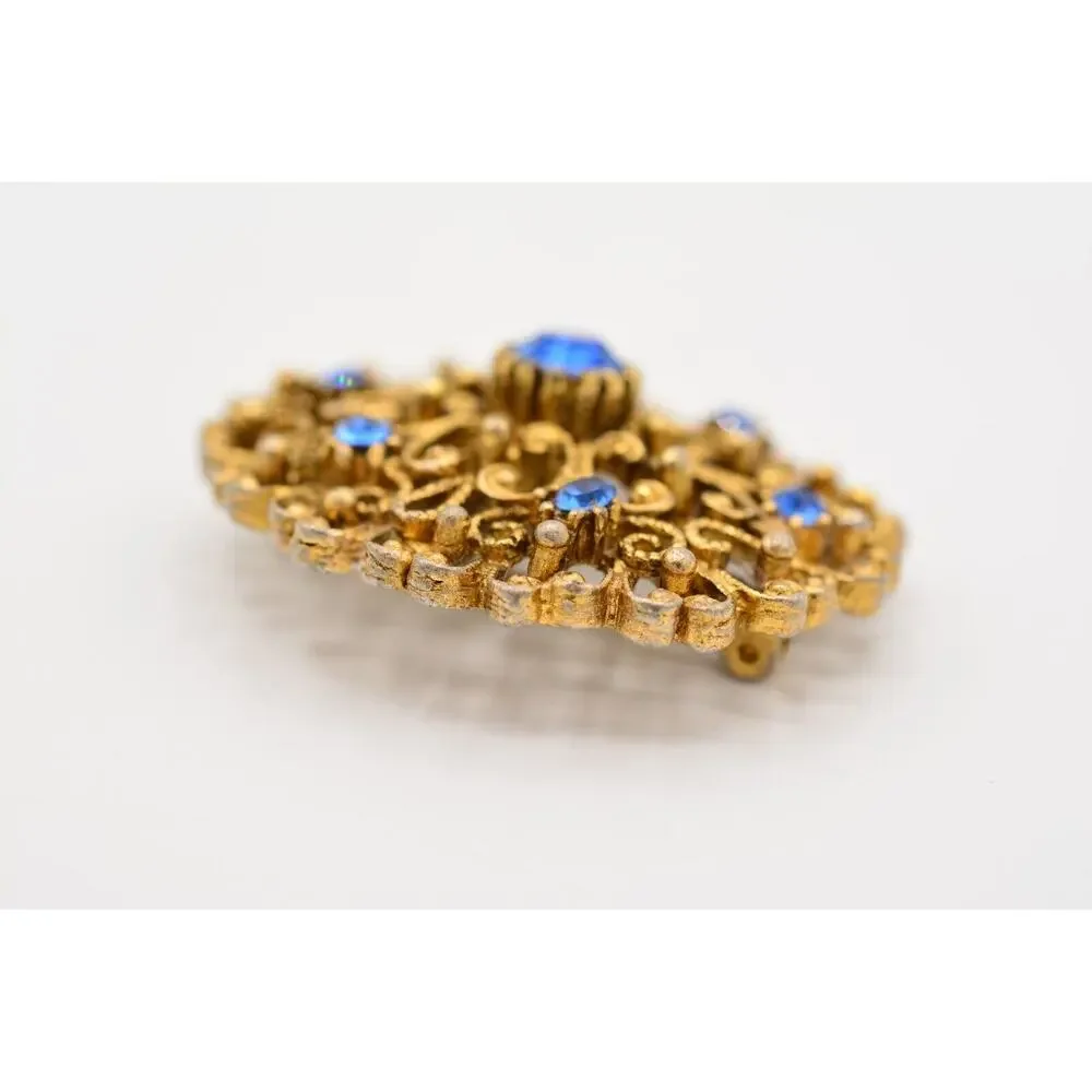 JJ Vintage Pin Brooch Blue Rhinestone Crystal Antiqued Gold Signed 1980s Bin7
